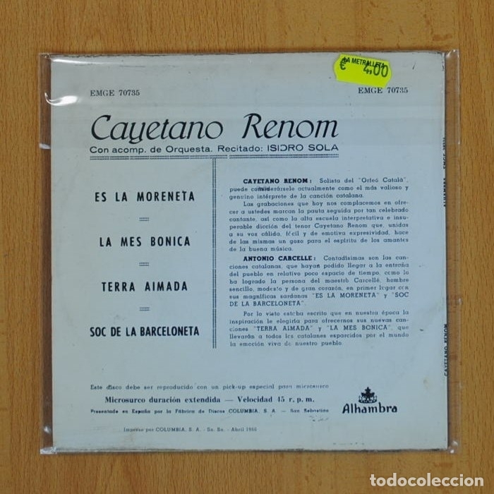 Discos de vinilo: CAYETANO RENOM - ES LA MORENETA + 3 - EP - Foto 2