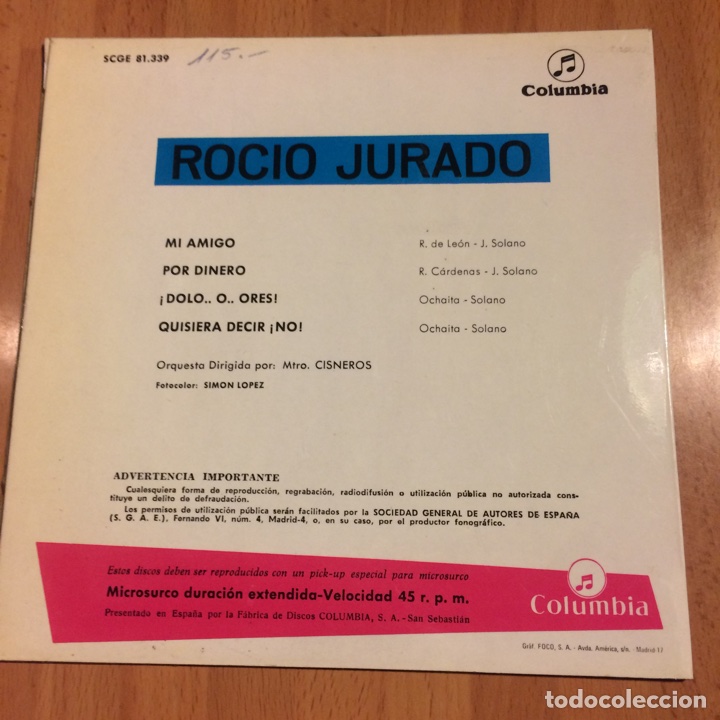 Discos de vinilo: Ep Roc&iacute;o jurado mi amigo - Foto 2