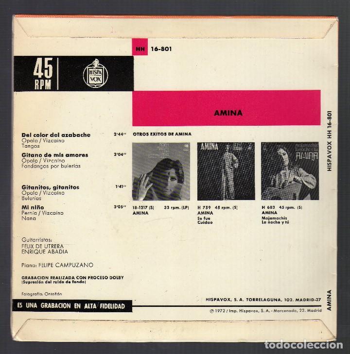Discos de vinilo: E.P.: AMINA &middot; DEL COLOR DEL AZABACHE / GITANO DE MIS AMORES / GITANITOS, GITANITOS / MI NI&Ntilde;O - Foto 2