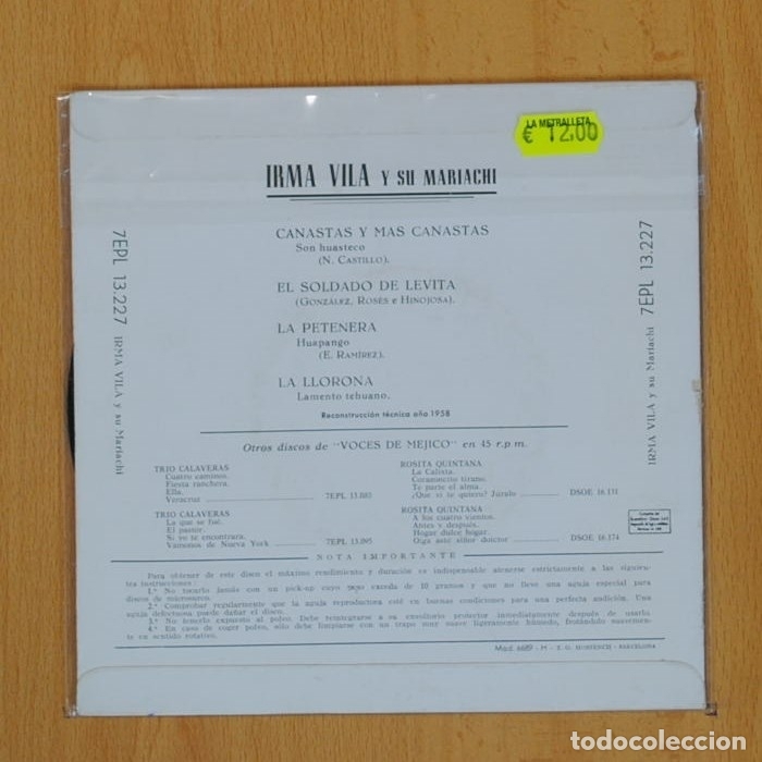 Discos de vinilo: IRMA VILA Y SU MARIACHI - CANASTAS Y MAS CANASTAS + 3 - EP - Foto 2