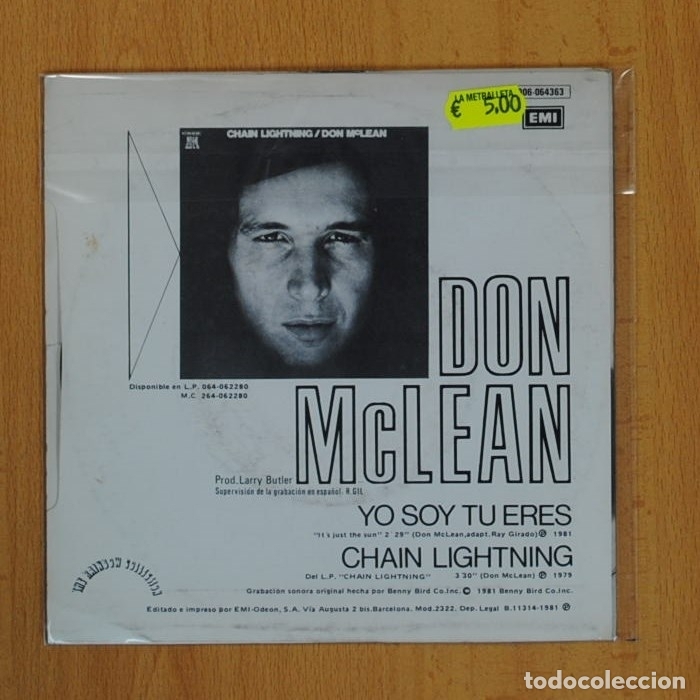 Discos de vinilo: DON MCLEAN - YO SOY TU ERES / CHAIN LIGHTNING - SINGLE - Foto 2