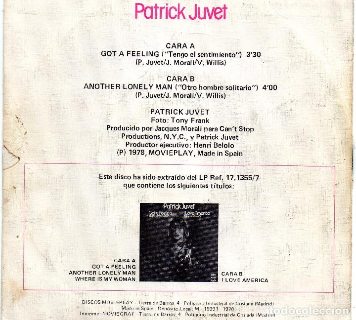 Discos de vinilo: PATRICK JUVET - TENGO EL SENTIMIENTO - SINGLE - Foto 2