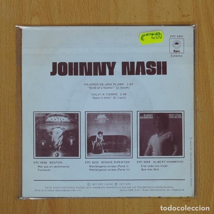 Discos de vinilo: JOHNNY NASH - PARAJOS DE UNA PLUMA - SINGLE - Foto 2