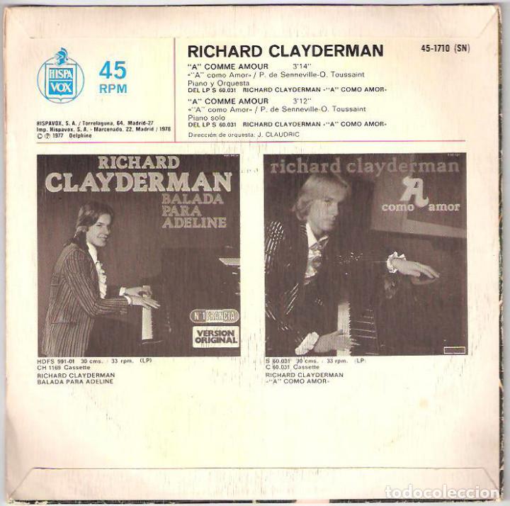 Discos de vinilo: RICHARD CLAYDERMAN &ndash; A COMME AMOUR (SG) 1977 (HISPAVOX) - Foto 2