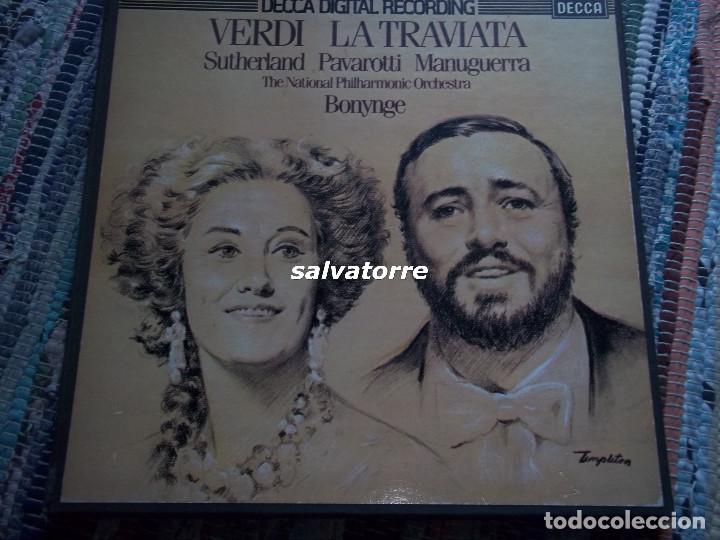 Discos de vinilo: VERDI.LA TRAVIATA.SUTHERLAND.PAVAROTTI.MANUGUERRA.BONYNGE.DECCA. FONOGRAM.1982.BOX.LIBRETO.