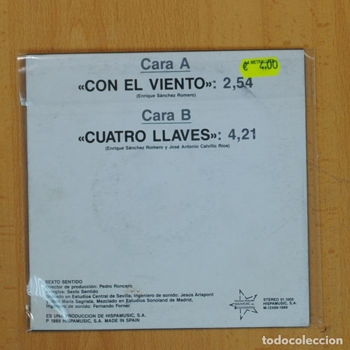 Discos de vinilo: SEXTO SENTIDO - CON EL VIENTO / CUATRO LLAVES - SINGLE - Foto 2