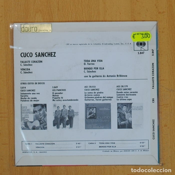 Discos de vinilo: CUCO SANCHEZ - FALLASTE CORAZON + 3 - EP - Foto 2