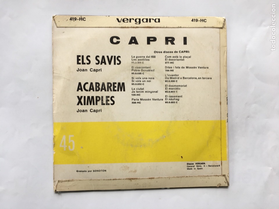 Discos de vinilo: Joan Capri &rdquo; ELS SAVIS, ACABAREM XIMPLES &rdquo; Disco - Foto 2