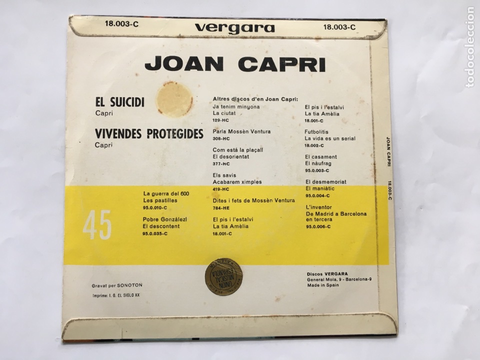 Discos de vinilo: Joan Capri &rdquo; El Suicidi - Vivendes Protegides &rdquo; Disco - Foto 2