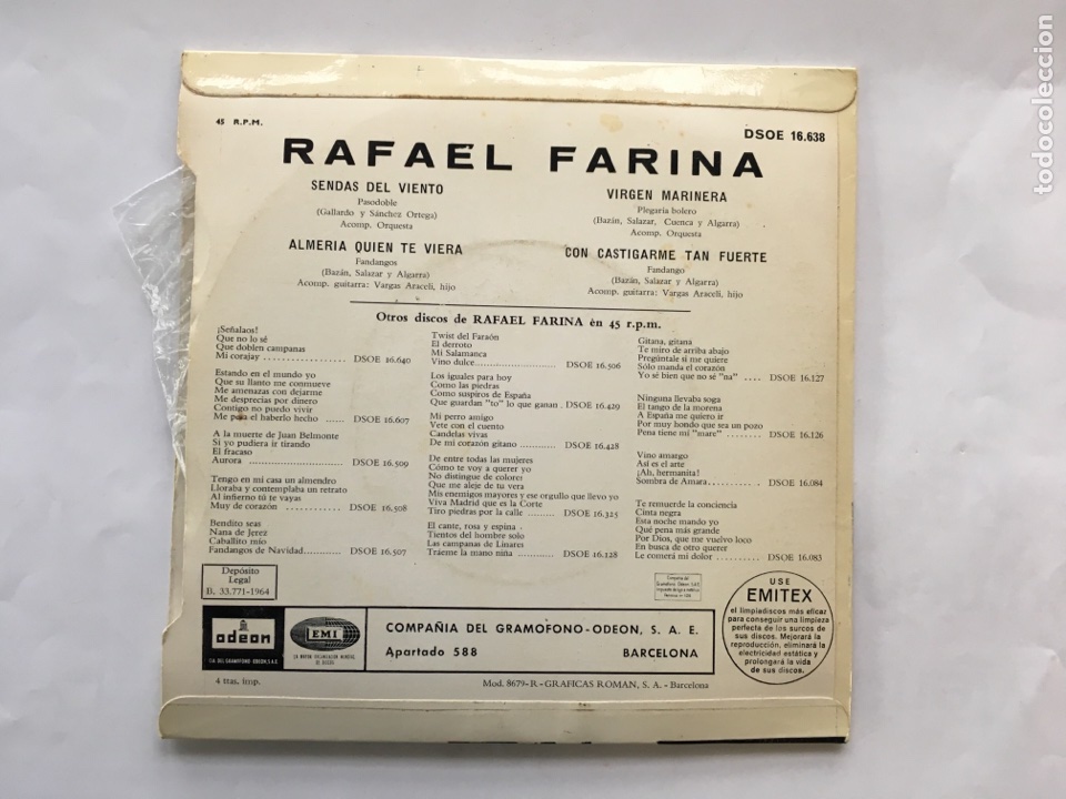 Discos de vinilo: Rafael Farina.- &rdquo;Fandango&rdquo; Disco/1964 - Foto 2