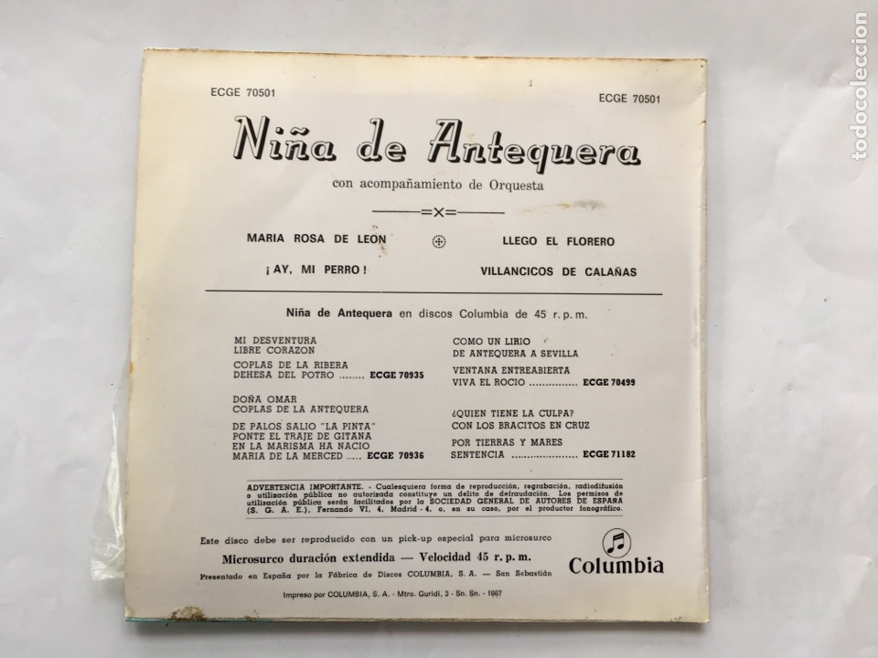 Discos de vinilo: Ni&ntilde;a de Antequera.- Disco/1958 - Foto 2