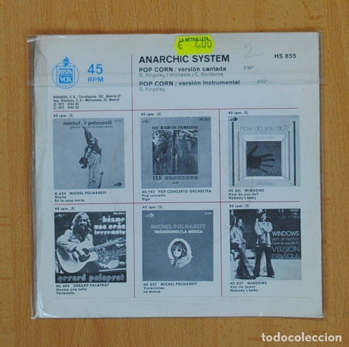 Discos de vinilo: ANARCHIC SYSTEM - POP CORN - SINGLE - Foto 2