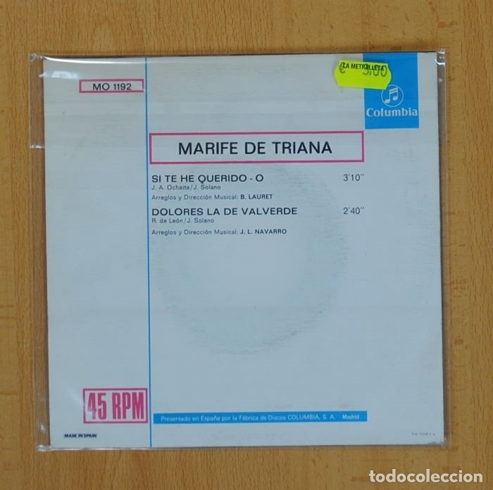 Discos de vinilo: MARIFE DE TRIANA - SI TE HE QUERIDO, DOLORES LA DE VALVERDE - SINGLE - Foto 2