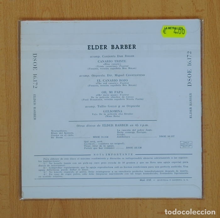 Discos de vinilo: ELDER BARBER - CANARIO TRISTE + 3 - EP - Foto 2