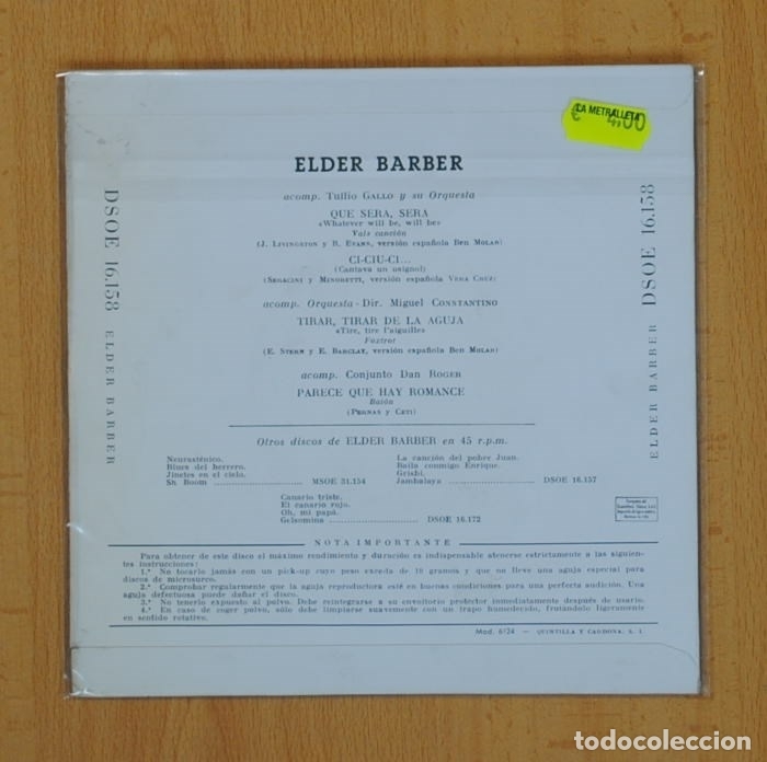 Discos de vinilo: ELDER BARBER - QUE SERA SERA + 3 - EP - Foto 2