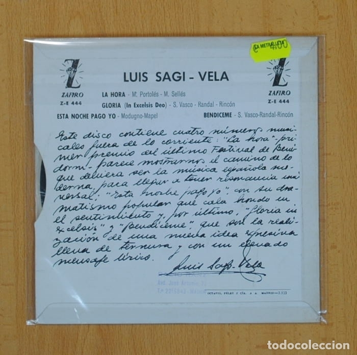 Discos de vinilo: LUIS SAGI-VELA - GLORIA + 3 - EP - Foto 2