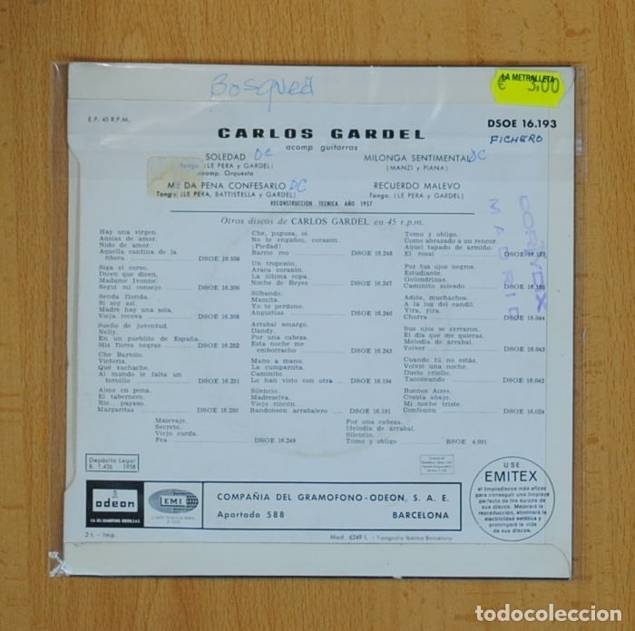 Discos de vinilo: CARLOS GARDEL - SOLEDAD + 3 -EP - Foto 2