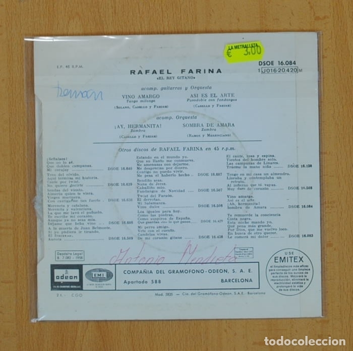 Discos de vinilo: RAFAEL FARINA - VINO AMARGO + 3 - EP - Foto 2
