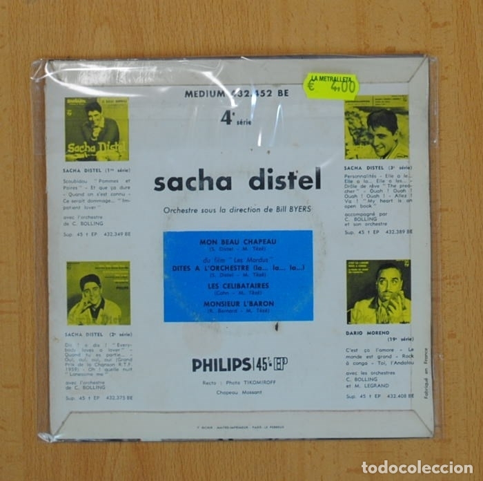 Discos de vinilo: SACHA DISTEL - MON BEAU CHAPEAU + 3 -EP - Foto 2