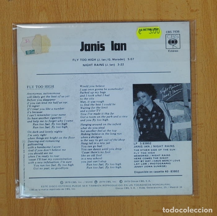 Discos de vinilo: JANIS IAN - FLY TOO HIGH / NIGHT RAINS - SINGLE - Foto 2