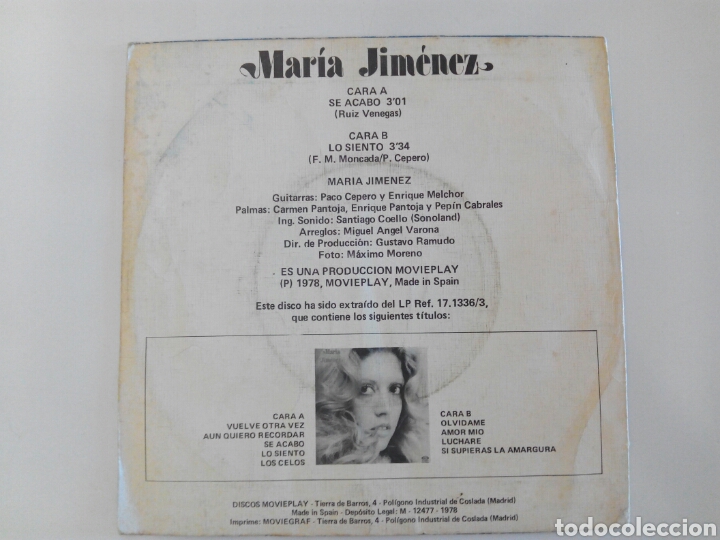 Discos de vinilo: S&oacute;lo portada Maria Jim&eacute;nez - Foto 2