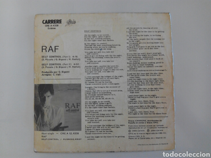 Discos de vinilo: S&oacute;lo portada RAF Self control - Foto 2