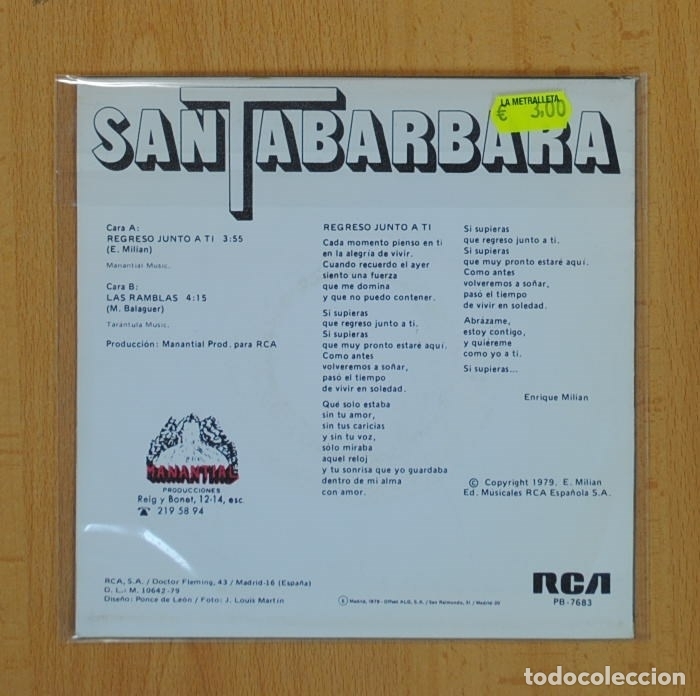 Discos de vinilo: SANTABARBARA - REGRESO JUNTO A TI / LAS RAMBLAS - SINGLE - Foto 2