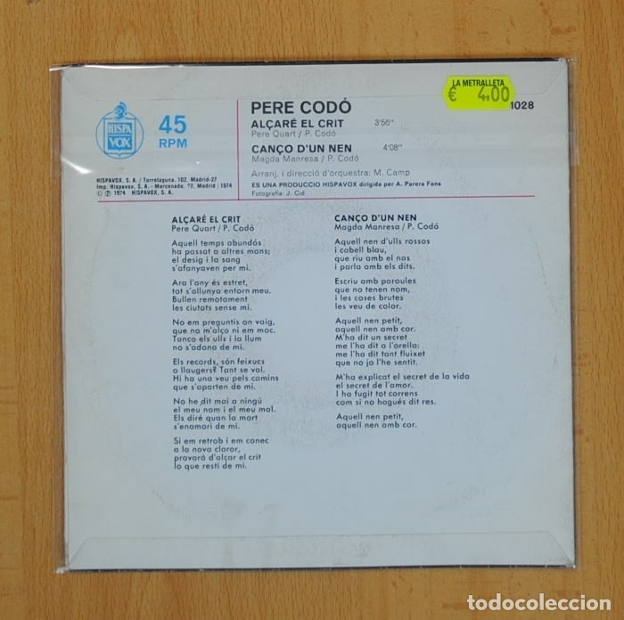 Discos de vinilo: PERE CODO - ALCARE EL CRIT / CANCO D UN NEN - SINGLE - Foto 2