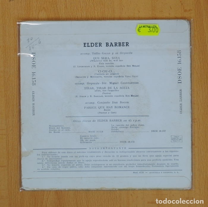Discos de vinilo: ELDER BARBER - QUE SERA SERA + 3 - EP - Foto 2