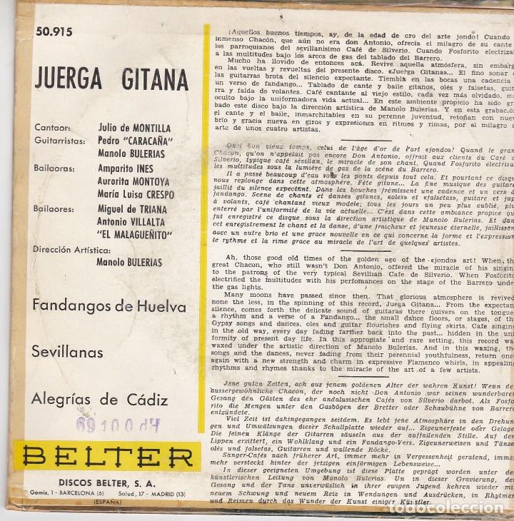Discos de vinilo: SINGLE JUERGA GITANA. FANDANGOS DE HUELVA. 1960. DISCO PROBADO Y BIEN, CARÁTULA CON CELO - Foto 2 - 87301164
