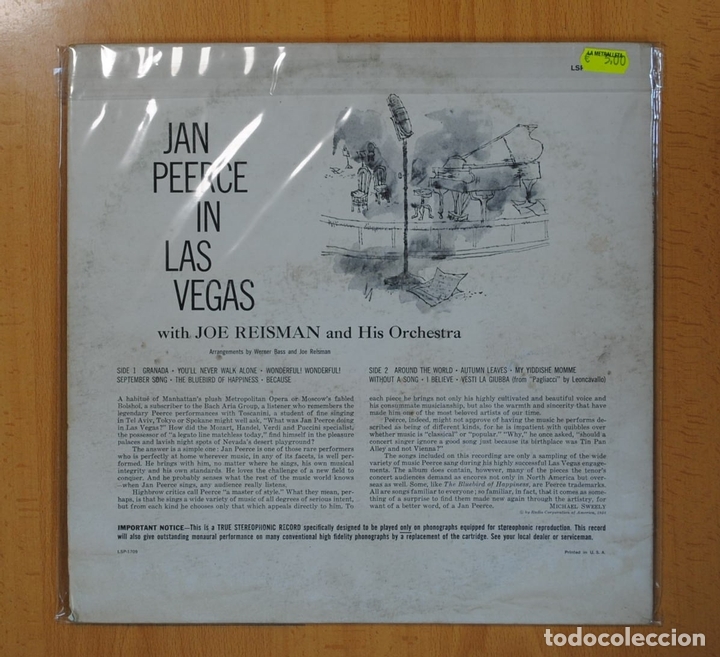 Discos de vinilo: JAN PEERCE - IN LAS VEGAS - LP - Foto 2