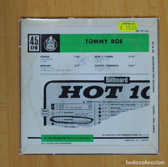 Discos de vinilo: TOMMY ROE - TODOS + 3 - EP - Foto 2