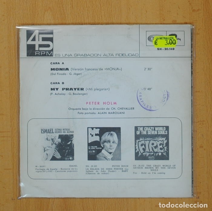 Discos de vinilo: PETER HOLM - MONIA / MY PRAYER - SINGLE - Foto 2