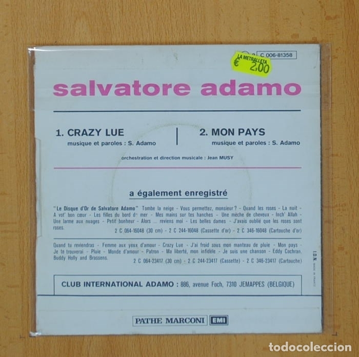 Discos de vinilo: ADAMO - CRAZY LUE / MON PAYS - SINGLE - Foto 2