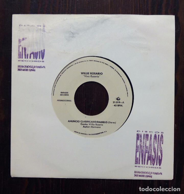 Disques de vinyle: SINGLE WILLIE ROSARIO - ANUNCIO CLASIFICADO - DAMELO - DISCO PROMOCIONAL - ENFASIS RECORDS.