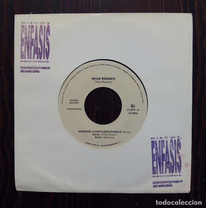 Disques de vinyle: SINGLE WILLIE ROSARIO - ANUNCIO CLASIFICADO - DAMELO - DISCO PROMOCIONAL - ENFASIS RECORDS.