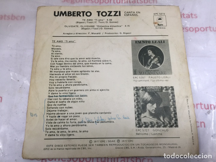 Discos de vinilo: Umberto Tozzi Te amo  de Epic de 1977 - Foto 2