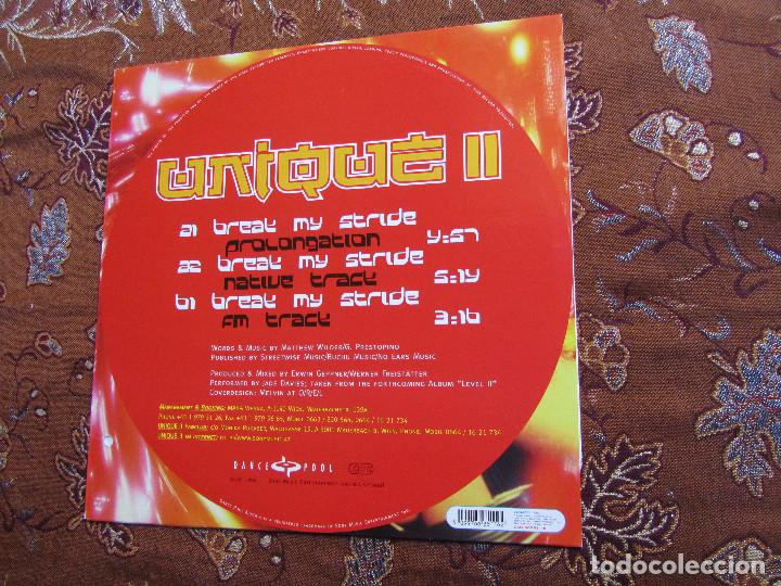 Discos de vinilo: UNIQUE II- MAXI-SINGLE DE VINILO- TITULO BREAK MY STRIDE- IMPORTADO- 3 TEMAS- DEL 96 Y NUEVO - Foto 2