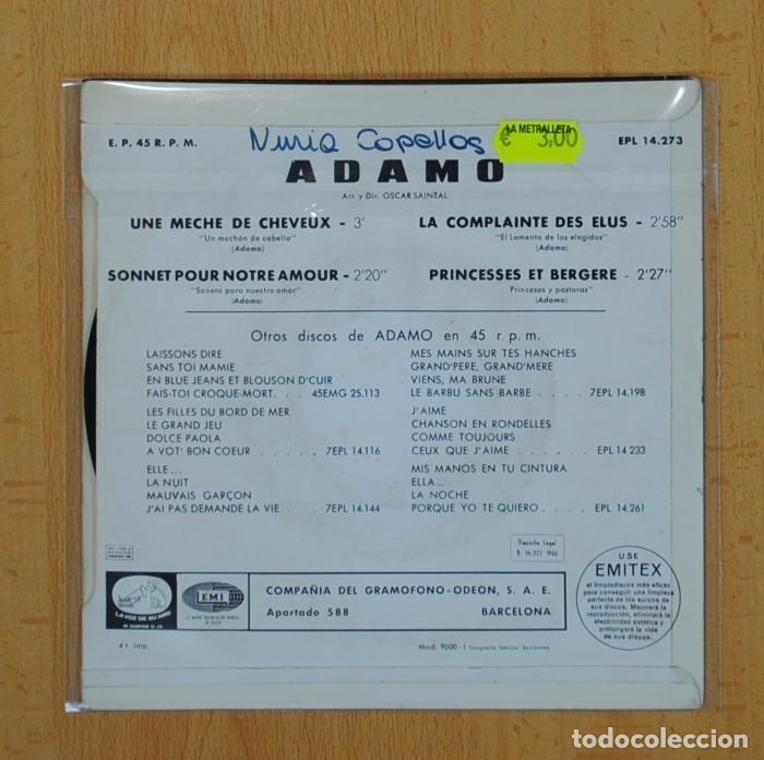 Discos de vinilo: ADAMO - UNE MECHE DE CHEVEUX + 3 - EP - Foto 2