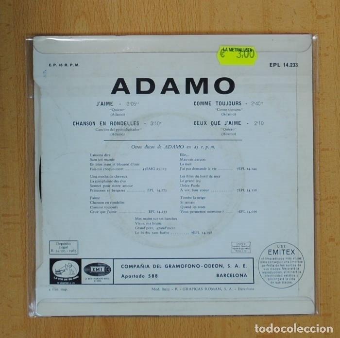 Discos de vinilo: ADAMO - J&acute;AIME + 3 - EP - Foto 2