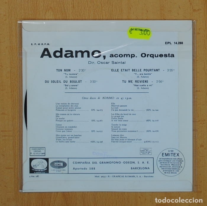 Discos de vinilo: ADAMO - TON NOM + 3 - EP - Foto 2