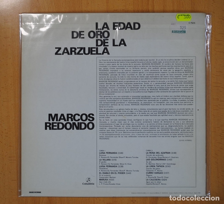 Discos de vinilo: MARCOS REDONDO - LA EDAD DE ORO DE LA ZARZUELA - LP - Foto 2