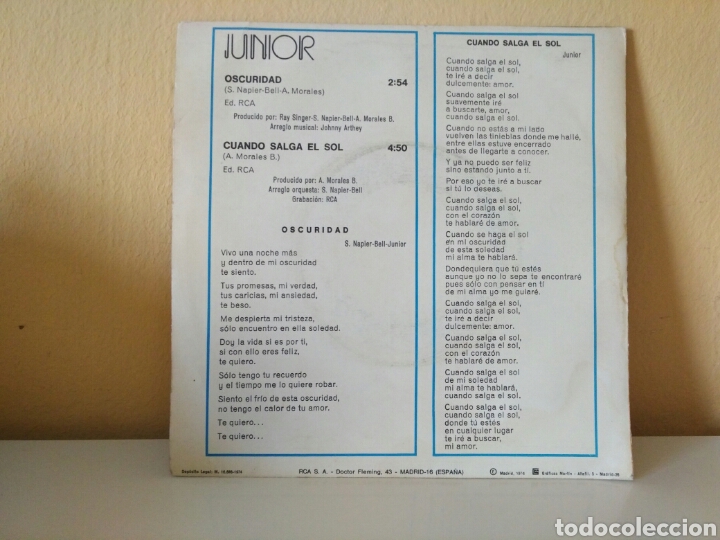 Discos de vinilo: JUNIOR : Oscuridad ; Cuando salga el sol - Foto 2