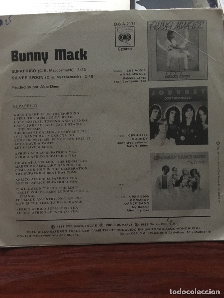 Discos de vinilo: BUNNY MACK-SUPAFRICO-1981-VINILO COMO NUEVO - Foto 2