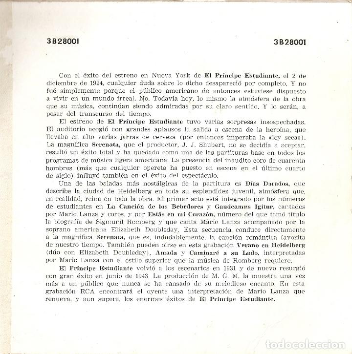Discos de vinilo: MARIO LANZA Interpreta selecciones de EL PR&Iacute;NCIPE ESTUDIANTE - Foto 4