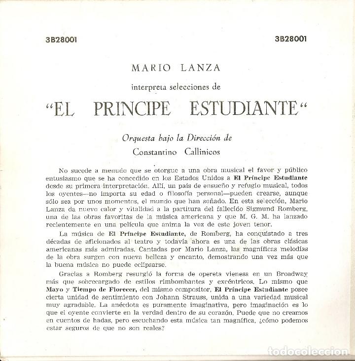 Discos de vinilo: MARIO LANZA Interpreta selecciones de EL PR&Iacute;NCIPE ESTUDIANTE - Foto 3