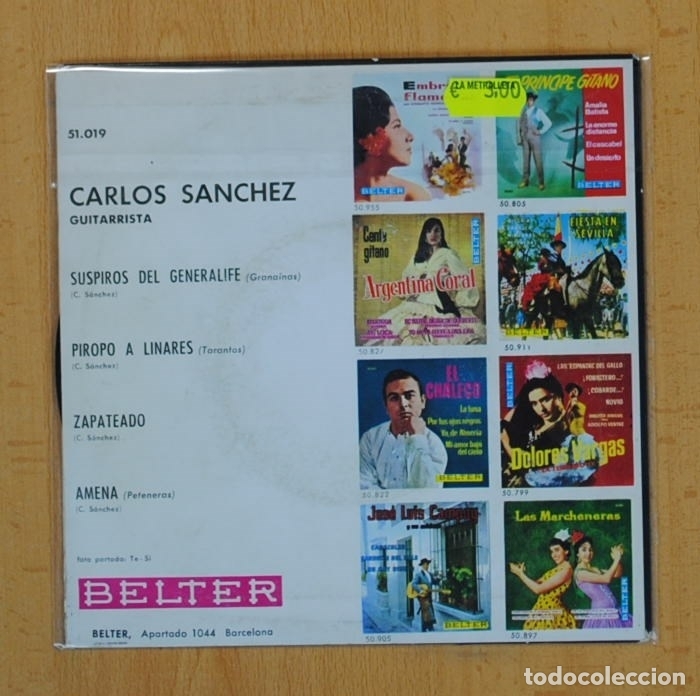 Discos de vinilo: CARLOS SANCHEZ - SUSPIROS DEL GENERALIFE + 3 - EP - Foto 2
