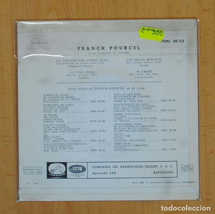 Discos de vinilo: FRANCK POURCEL - LA CANCION DEL POBRE JUAN + 3 - EP - Foto 2