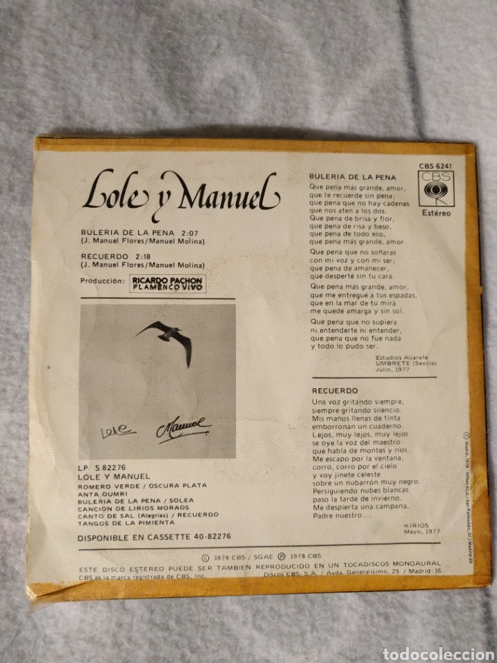 Discos de vinilo: LOLE Y MANUEL SINGLE BULERIA DE LA PENA - Foto 2