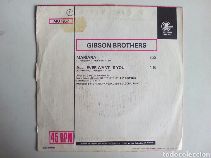 Discos de vinilo: SINGLE GIBSON BROTHERS. MARIANA. - Foto 2